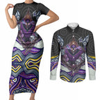Melbourne Storm Couples Matching Short Sleeve Bodycon Dress and Long Sleeve Button Shirt The Scream of Lightning Eyes - Indigenous Dot Ripping Effect
