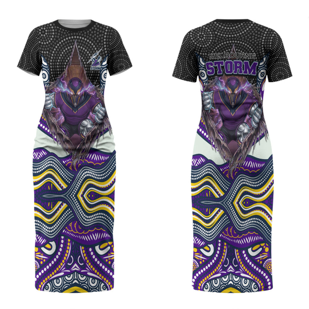 Melbourne Storm Couples Matching Short Sleeve Bodycon Dress and Long Sleeve Button Shirt The Scream of Lightning Eyes - Indigenous Dot Ripping Effect