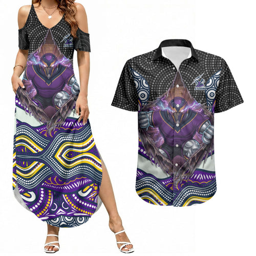 Melbourne Storm Couples Matching Summer Maxi Dress and Hawaiian Shirt The Scream of Lightning Eyes - Indigenous Dot Ripping Effect