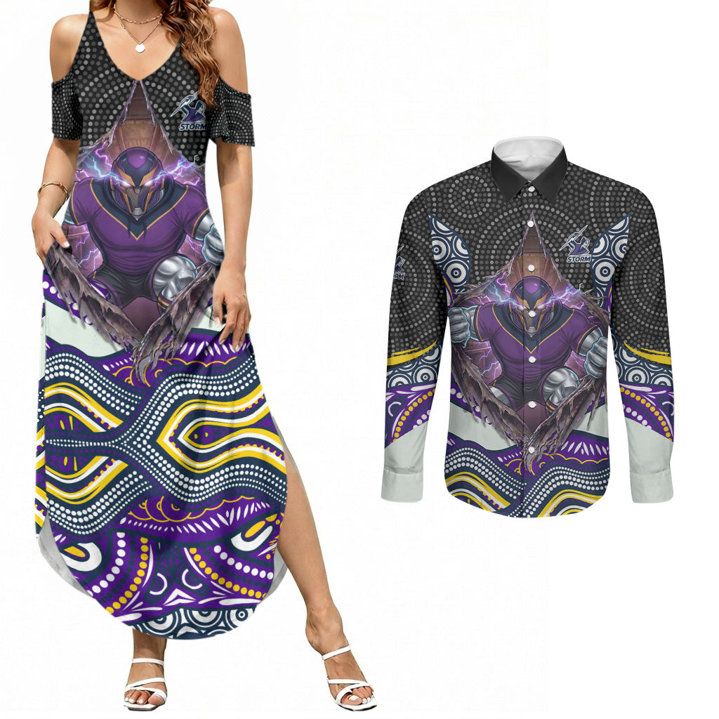 Melbourne Storm Couples Matching Summer Maxi Dress and Long Sleeve Button Shirt The Scream of Lightning Eyes - Indigenous Dot Ripping Effect