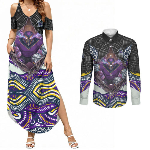 Melbourne Storm Couples Matching Summer Maxi Dress and Long Sleeve Button Shirt The Scream of Lightning Eyes - Indigenous Dot Ripping Effect