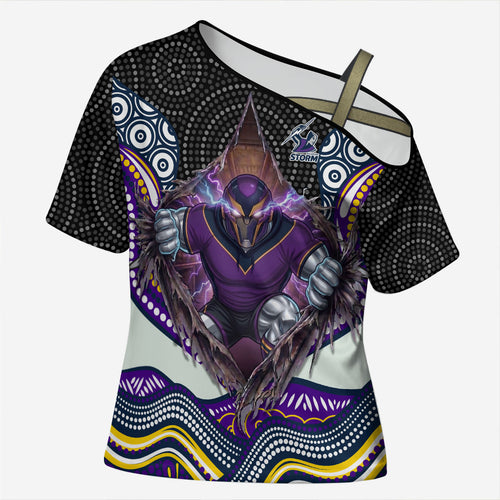 Melbourne Storm Cross Shoulder Shirt The Scream of Lightning Eyes - Indigenous Dot Ripping Effect