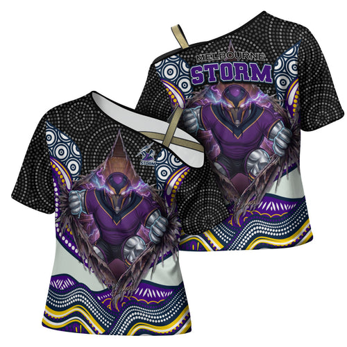 Melbourne Storm Cross Shoulder Shirt The Scream of Lightning Eyes - Indigenous Dot Ripping Effect