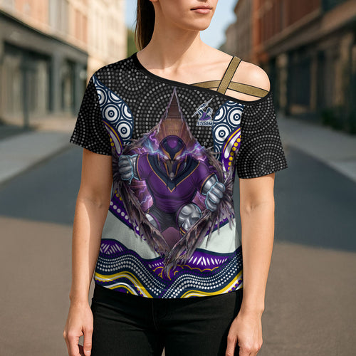 Melbourne Storm Cross Shoulder Shirt The Scream of Lightning Eyes - Indigenous Dot Ripping Effect