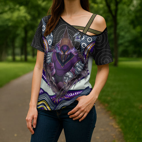 Melbourne Storm Cross Shoulder Shirt The Scream of Lightning Eyes - Indigenous Dot Ripping Effect