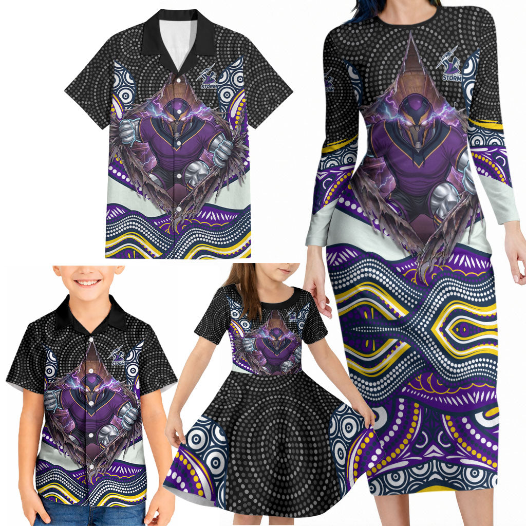 Melbourne Storm Family Matching Long Sleeve Bodycon Dress and Hawaiian Shirt The Scream of Lightning Eyes - Indigenous Dot Ripping Effect