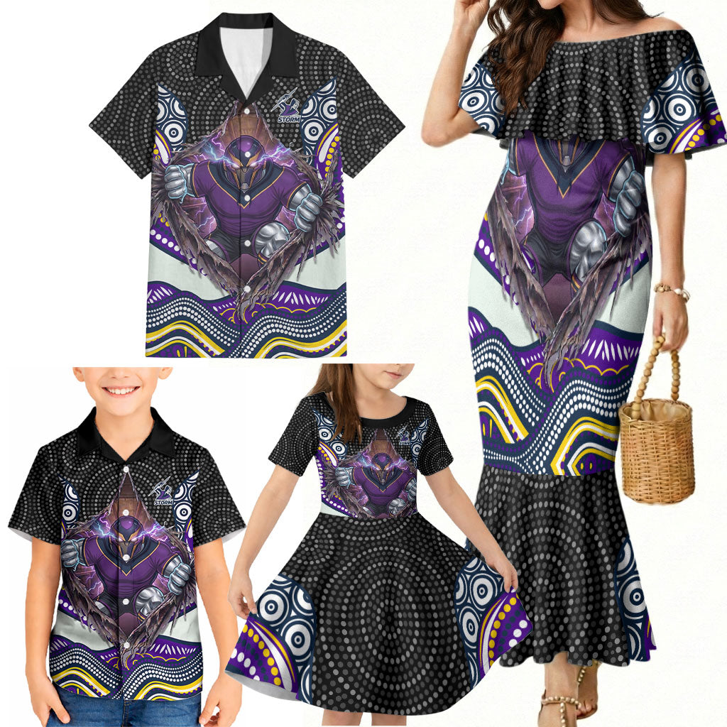 Melbourne Storm Family Matching Mermaid Dress and Hawaiian Shirt The Scream of Lightning Eyes - Indigenous Dot Ripping Effect