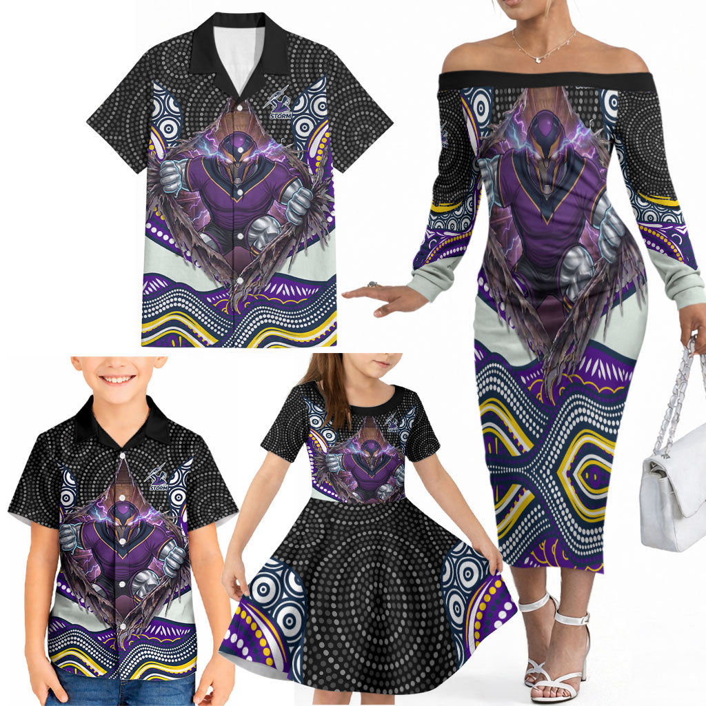 Melbourne Storm Family Matching Off The Shoulder Long Sleeve Dress and Hawaiian Shirt The Scream of Lightning Eyes - Indigenous Dot Ripping Effect