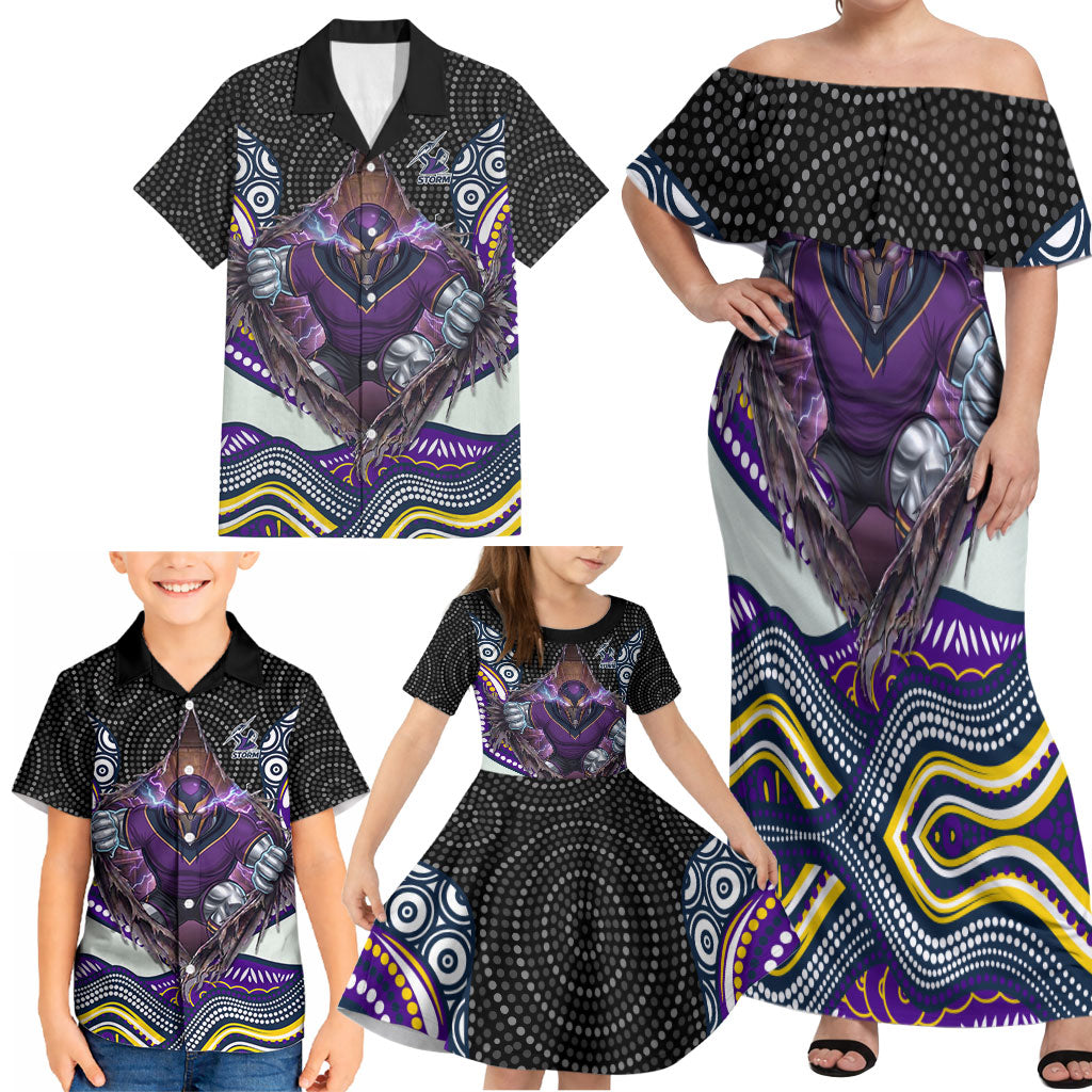 Melbourne Storm Family Matching Off Shoulder Maxi Dress and Hawaiian Shirt The Scream of Lightning Eyes - Indigenous Dot Ripping Effect