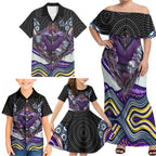 Melbourne Storm Family Matching Off Shoulder Maxi Dress and Hawaiian Shirt The Scream of Lightning Eyes - Indigenous Dot Ripping Effect