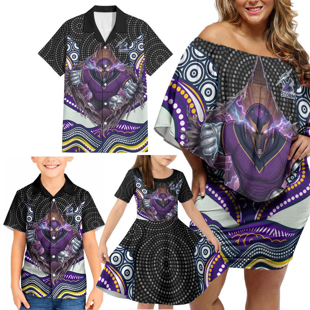 Melbourne Storm Family Matching Off Shoulder Short Dress and Hawaiian Shirt The Scream of Lightning Eyes - Indigenous Dot Ripping Effect