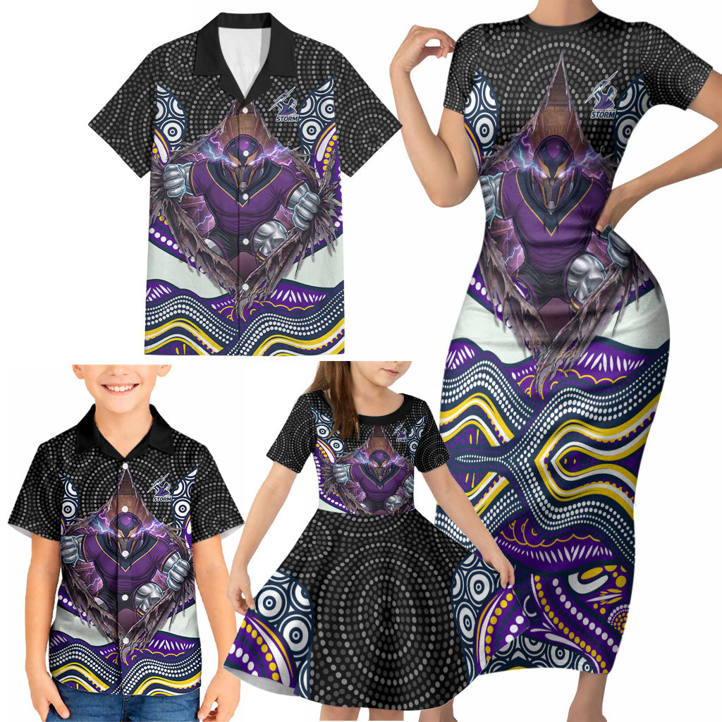 Melbourne Storm Family Matching Short Sleeve Bodycon Dress and Hawaiian Shirt The Scream of Lightning Eyes - Indigenous Dot Ripping Effect