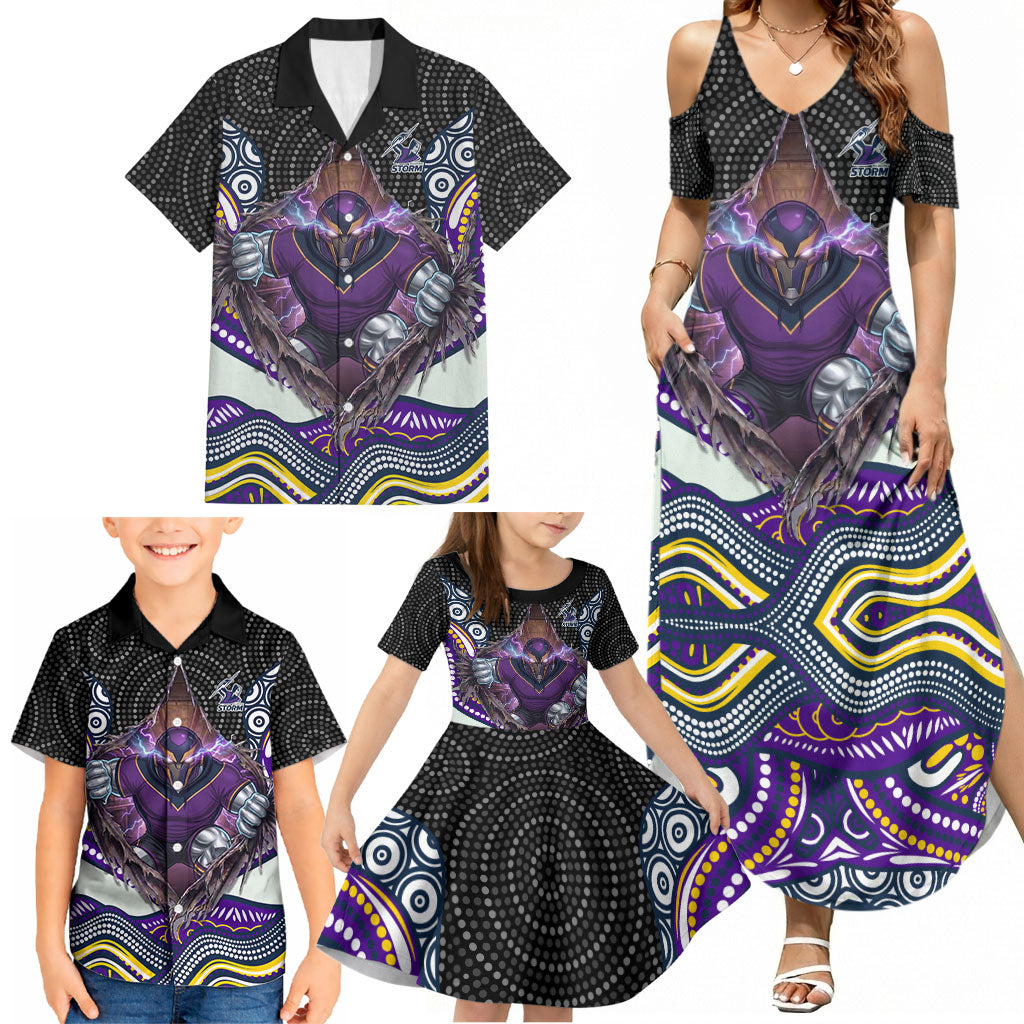 Melbourne Storm Family Matching Summer Maxi Dress and Hawaiian Shirt The Scream of Lightning Eyes - Indigenous Dot Ripping Effect