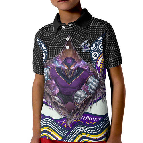 Melbourne Storm Kid Polo Shirt The Scream of Lightning Eyes - Indigenous Dot Ripping Effect