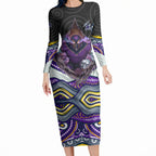 Melbourne Storm Long Sleeve Bodycon Dress The Scream of Lightning Eyes - Indigenous Dot Ripping Effect