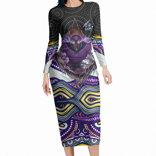 Melbourne Storm Long Sleeve Bodycon Dress The Scream of Lightning Eyes - Indigenous Dot Ripping Effect