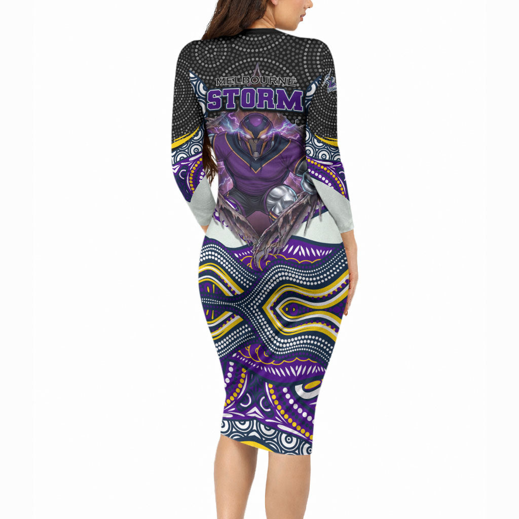 Melbourne Storm Long Sleeve Bodycon Dress The Scream of Lightning Eyes - Indigenous Dot Ripping Effect