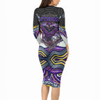 Melbourne Storm Long Sleeve Bodycon Dress The Scream of Lightning Eyes - Indigenous Dot Ripping Effect