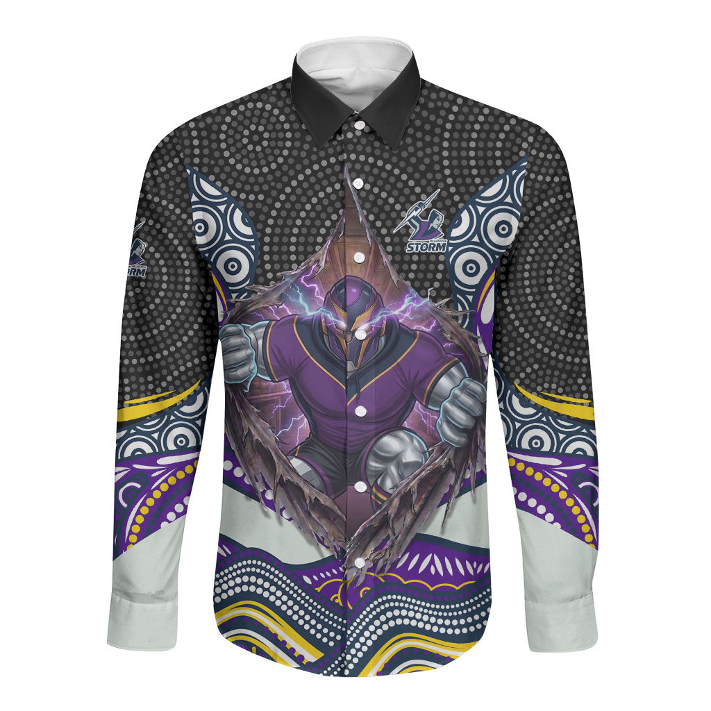 Melbourne Storm Long Sleeve Button Shirt The Scream of Lightning Eyes - Indigenous Dot Ripping Effect