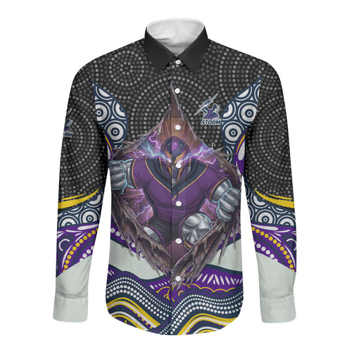 Melbourne Storm Long Sleeve Button Shirt The Scream of Lightning Eyes - Indigenous Dot Ripping Effect