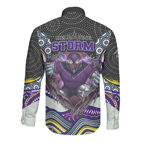 Melbourne Storm Long Sleeve Button Shirt The Scream of Lightning Eyes - Indigenous Dot Ripping Effect