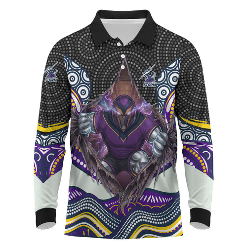 Melbourne Storm Long Sleeve Polo Shirt The Scream of Lightning Eyes - Indigenous Dot Ripping Effect