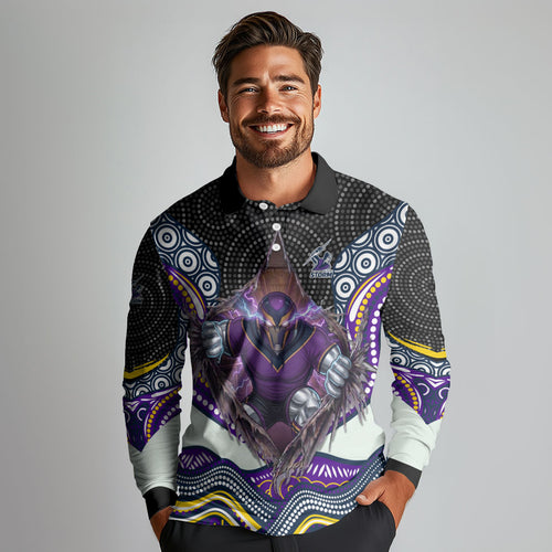 Melbourne Storm Long Sleeve Polo Shirt The Scream of Lightning Eyes - Indigenous Dot Ripping Effect
