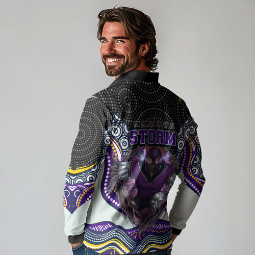 Melbourne Storm Long Sleeve Polo Shirt The Scream of Lightning Eyes - Indigenous Dot Ripping Effect
