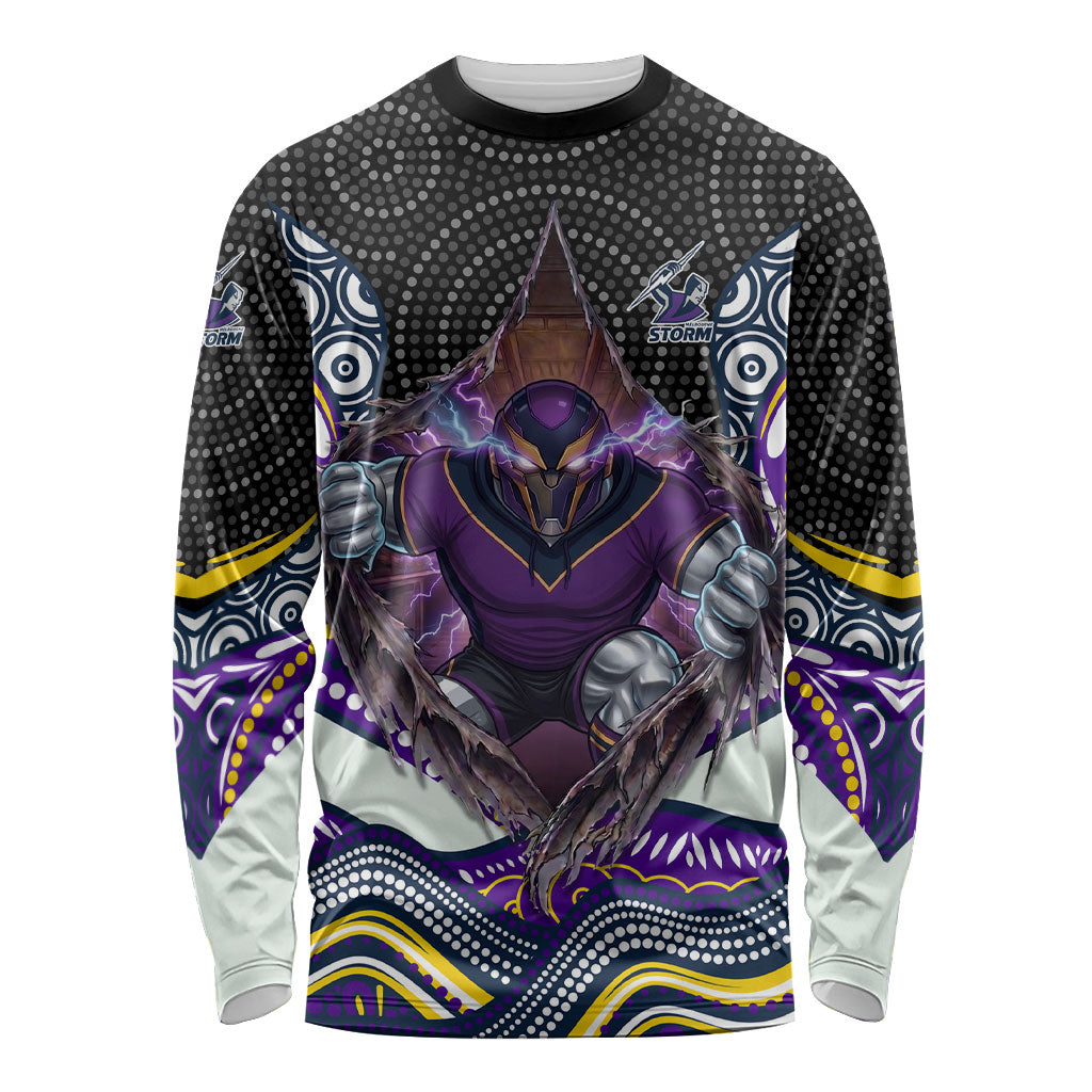 Melbourne Storm Long Sleeve Shirt The Scream of Lightning Eyes - Indigenous Dot Ripping Effect
