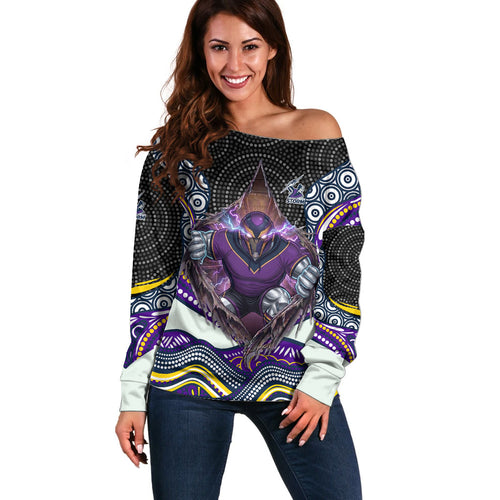 Melbourne Storm Off Shoulder Sweater The Scream of Lightning Eyes - Indigenous Dot Ripping Effect