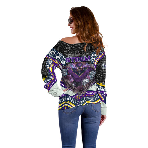 Melbourne Storm Off Shoulder Sweater The Scream of Lightning Eyes - Indigenous Dot Ripping Effect