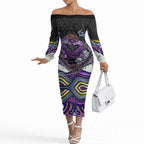 Melbourne Storm Off The Shoulder Long Sleeve Dress The Scream of Lightning Eyes - Indigenous Dot Ripping Effect