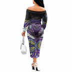 Melbourne Storm Off The Shoulder Long Sleeve Dress The Scream of Lightning Eyes - Indigenous Dot Ripping Effect