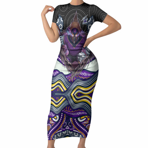 Melbourne Storm Short Sleeve Bodycon Dress The Scream of Lightning Eyes - Indigenous Dot Ripping Effect
