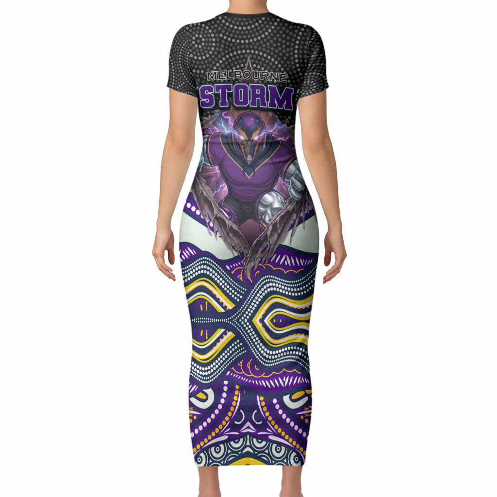 Melbourne Storm Short Sleeve Bodycon Dress The Scream of Lightning Eyes - Indigenous Dot Ripping Effect