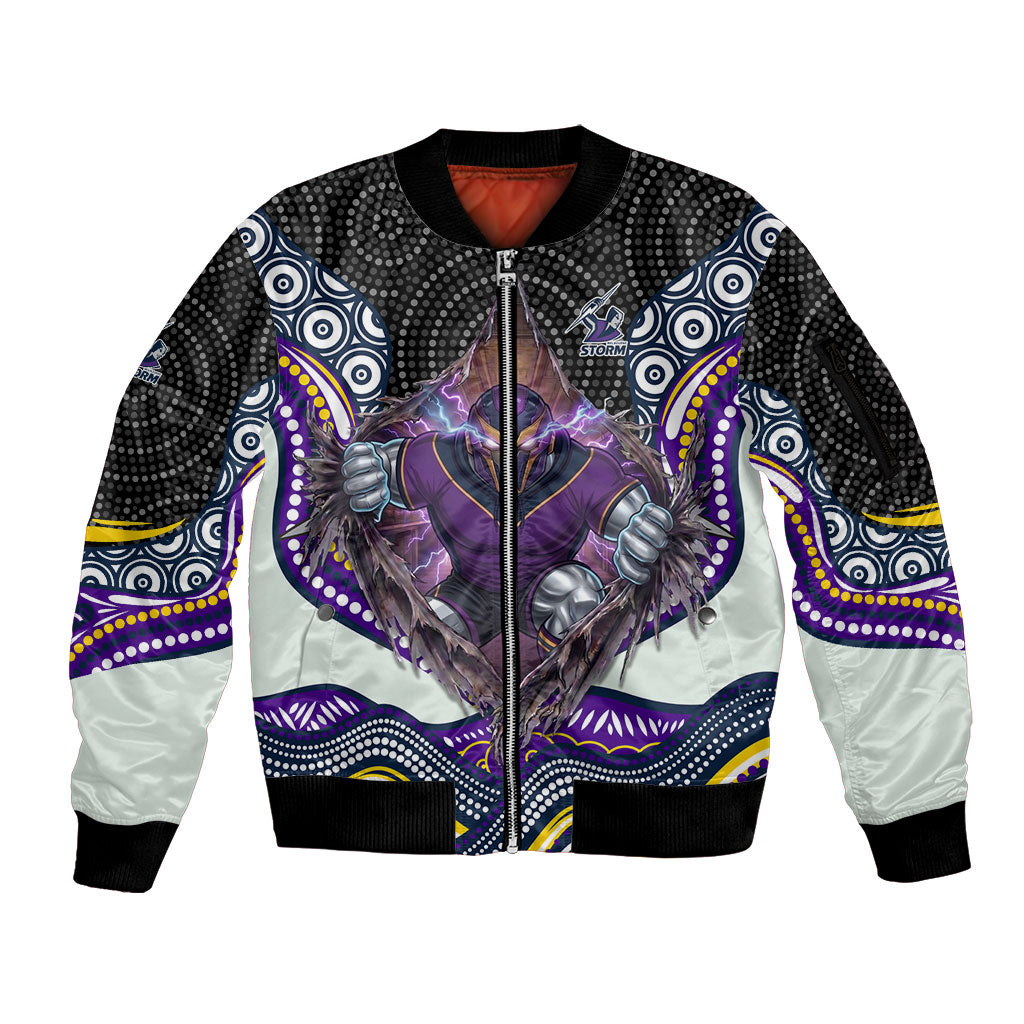 Melbourne Storm Sleeve Zip Bomber Jacket The Scream of Lightning Eyes - Indigenous Dot Ripping Effect