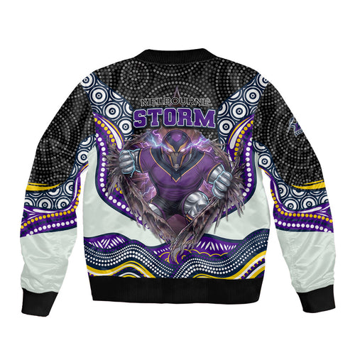 Melbourne Storm Sleeve Zip Bomber Jacket The Scream of Lightning Eyes - Indigenous Dot Ripping Effect