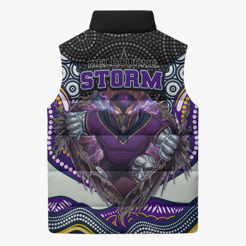 Melbourne Storm Sleeveless Puffer Jacket The Scream of Lightning Eyes - Indigenous Dot Ripping Effect