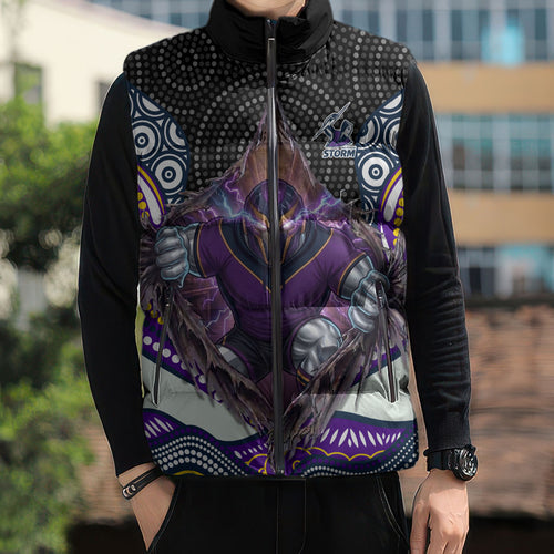 Melbourne Storm Sleeveless Puffer Jacket The Scream of Lightning Eyes - Indigenous Dot Ripping Effect