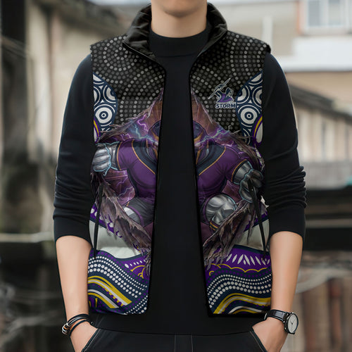 Melbourne Storm Sleeveless Puffer Jacket The Scream of Lightning Eyes - Indigenous Dot Ripping Effect