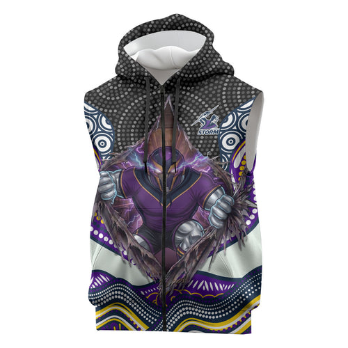 Melbourne Storm Sleeveless Zip Hoodie The Scream of Lightning Eyes - Indigenous Dot Ripping Effect
