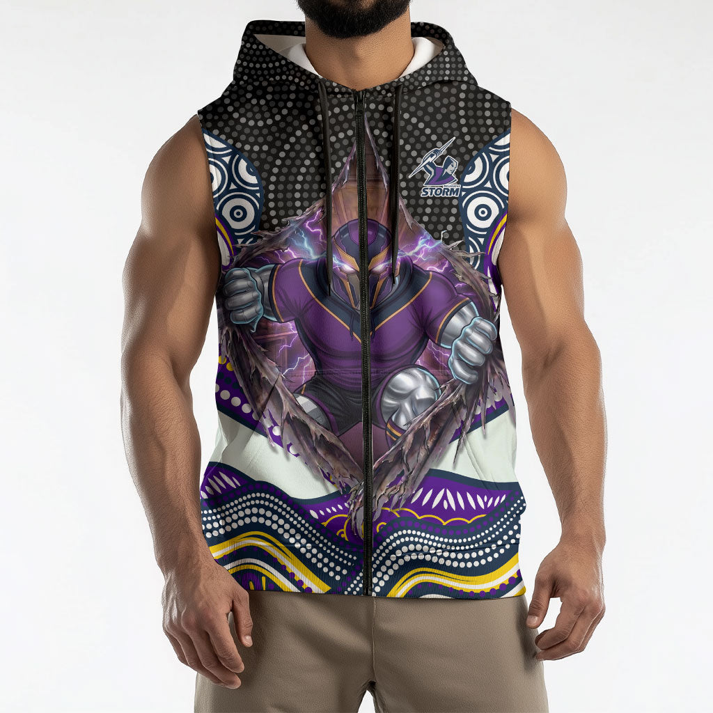 Melbourne Storm Sleeveless Zip Hoodie The Scream of Lightning Eyes - Indigenous Dot Ripping Effect
