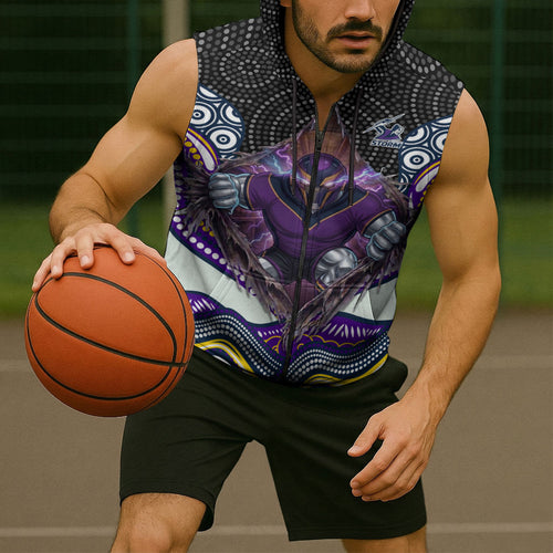 Melbourne Storm Sleeveless Zip Hoodie The Scream of Lightning Eyes - Indigenous Dot Ripping Effect