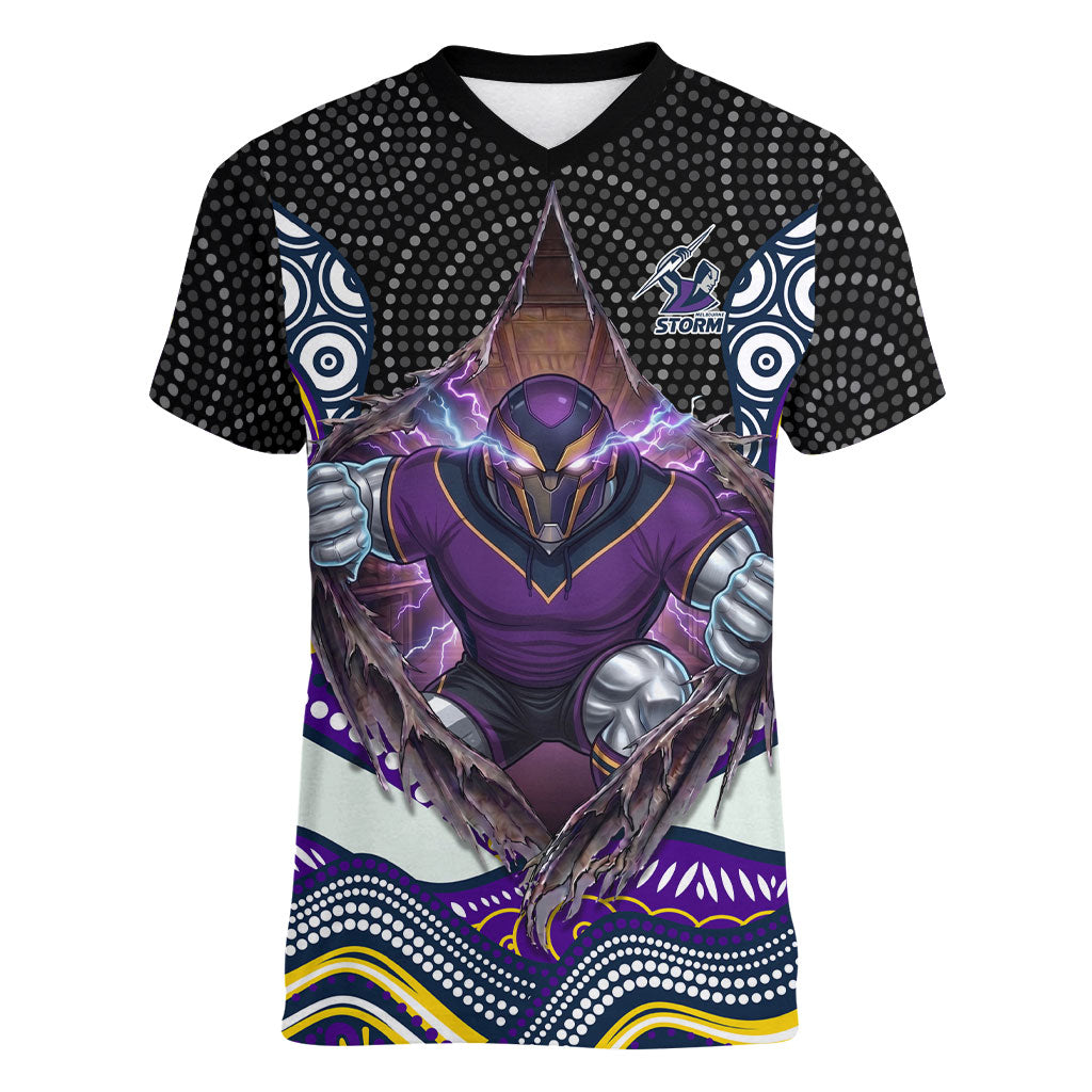 Melbourne Storm Women V-Neck T-Shirt The Scream of Lightning Eyes - Indigenous Dot Ripping Effect