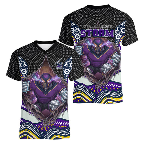 Melbourne Storm Women V-Neck T-Shirt The Scream of Lightning Eyes - Indigenous Dot Ripping Effect