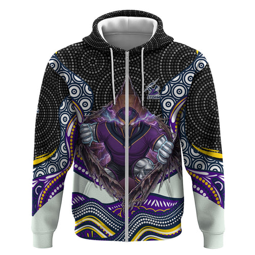 Melbourne Storm Zip Hoodie The Scream of Lightning Eyes - Indigenous Dot Ripping Effect