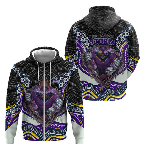 Melbourne Storm Zip Hoodie The Scream of Lightning Eyes - Indigenous Dot Ripping Effect