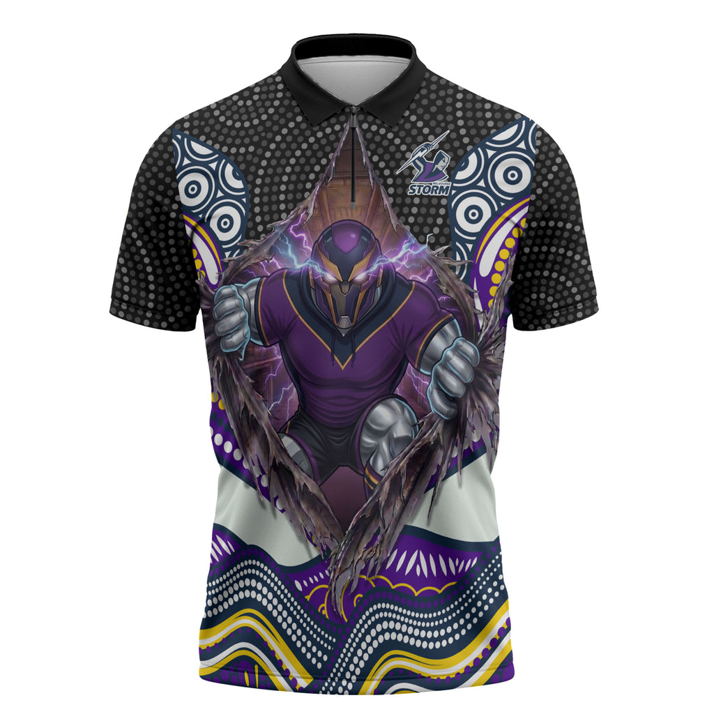 Melbourne Storm Zipper Polo Shirt The Scream of Lightning Eyes - Indigenous Dot Ripping Effect