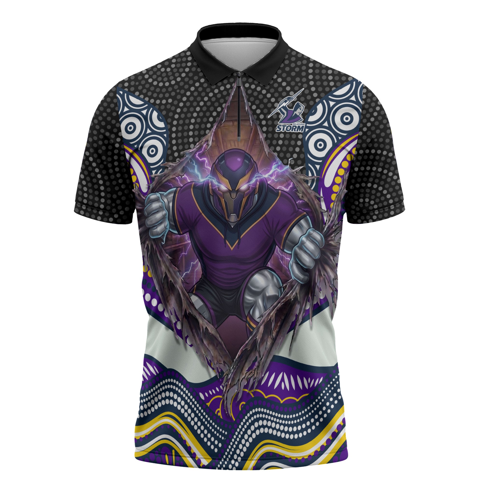 Melbourne Storm Zipper Polo Shirt The Scream of Lightning Eyes - Indigenous Dot Ripping Effect