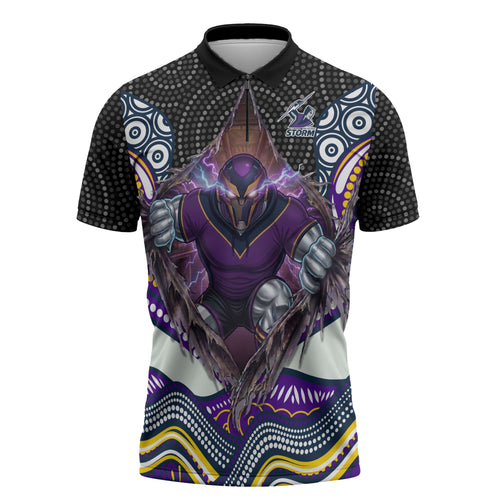 Melbourne Storm Zipper Polo Shirt The Scream of Lightning Eyes - Indigenous Dot Ripping Effect